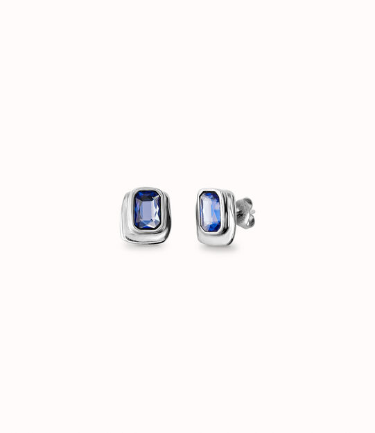 Rectangular sterling silver-plated earrings with blue crystal