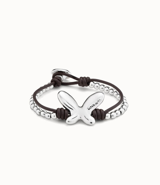 Leather bracelet with sterling silver-plated beads and butterfly