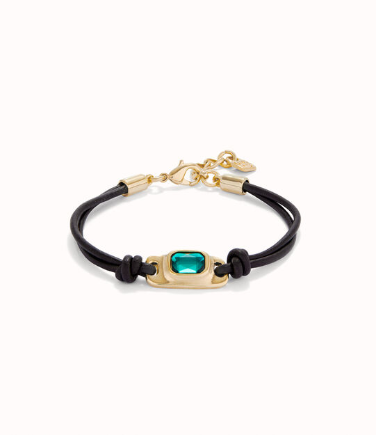 Pulsera de cuero bañada en oro 18k con cristal verde
