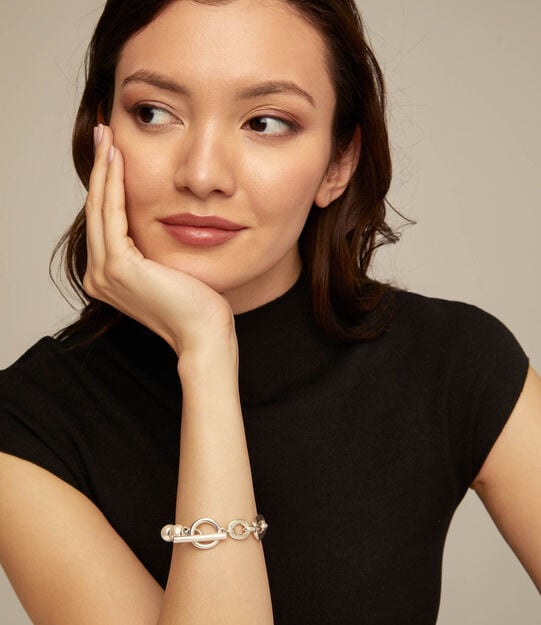 Link chain bracelet with pearls, Silver, large