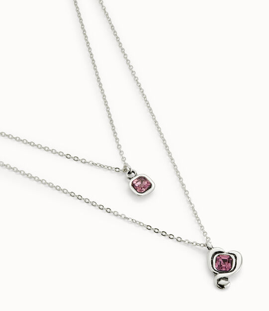 Colgante bañado en plata de ley con doble cadena y corazones con cristal rosa