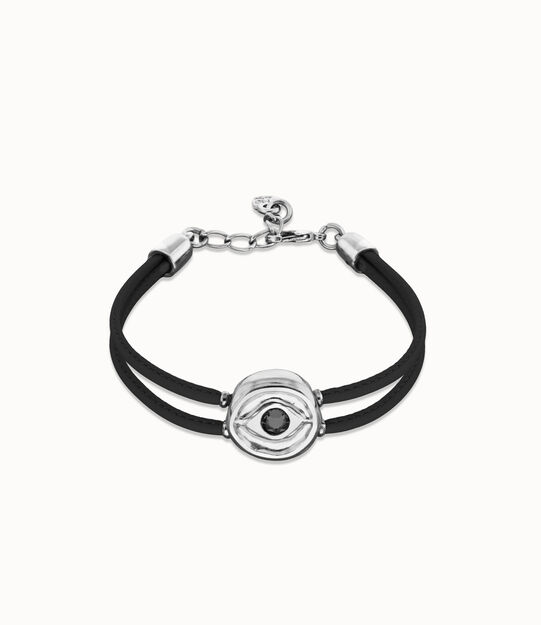 Pulsera doble de cuero negro con ojo bañado en plata de ley