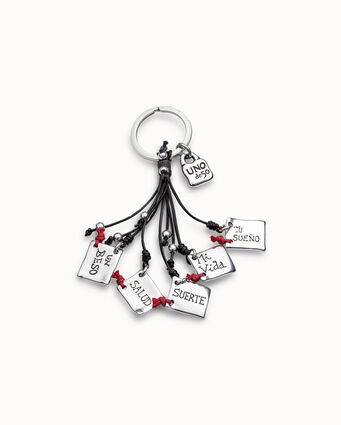 Sterling silver-plated message key-ring with leather details