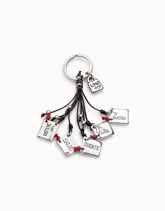 Porte-cl&eacute;s plaqu&eacute; argent avec un message et d&eacute;tails en cuir