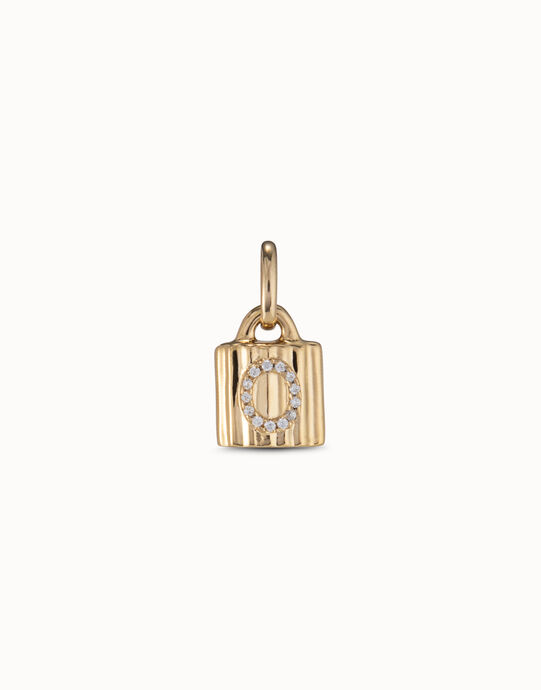 Charm candado ba&ntilde;ado en oro de 18K ley con letra de topacios O