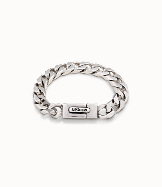 Pulsera ba&ntilde;ada en plata de cadena barbada pisada mediana y cierre autom&aacute;tico, , large