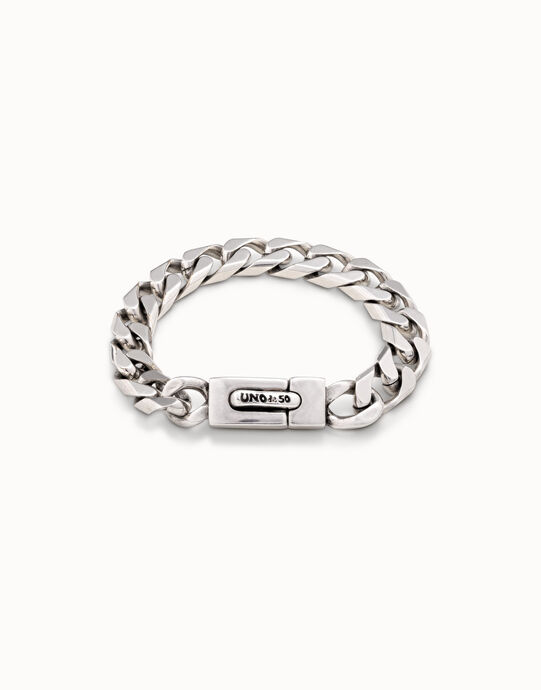 Pulsera ba&ntilde;ada en plata de cadena barbada pisada mediana y cierre autom&aacute;tico, , large