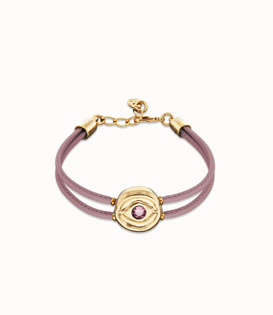 Pulsera doble de cuero  lila con ojo bañado en oro 18k