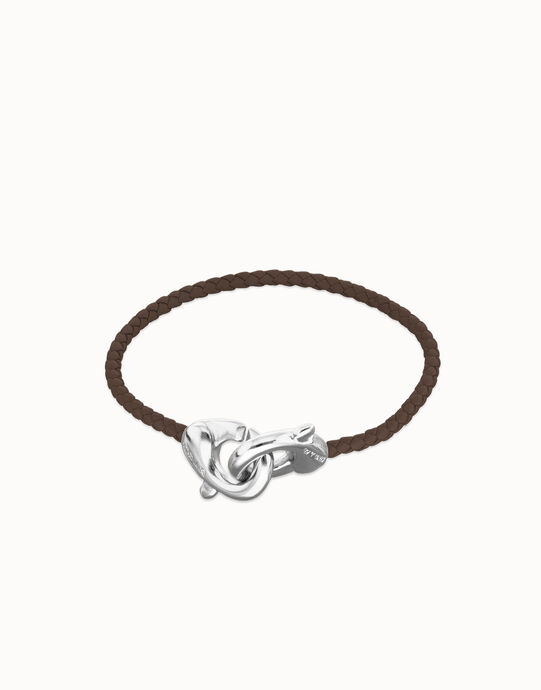 Pulsera de cuero marr&oacute;n con mosquet&oacute;n entrelazado en plata