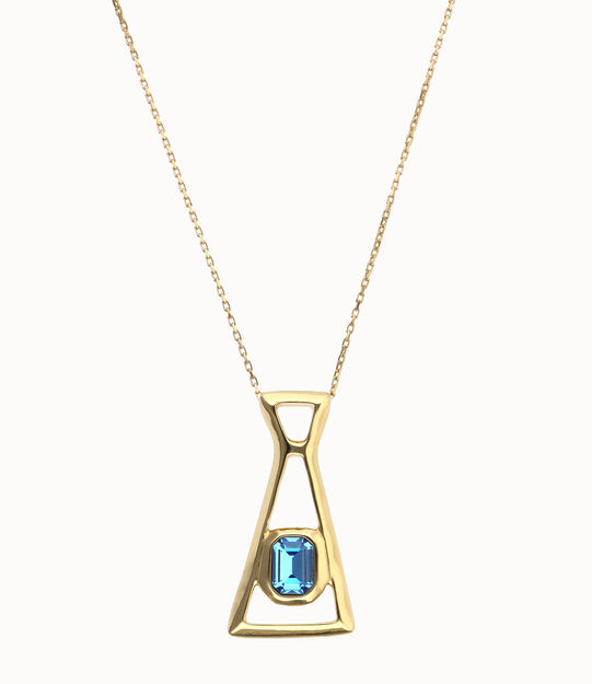 Long necklace with pendant and rectangular blue faceted crystal