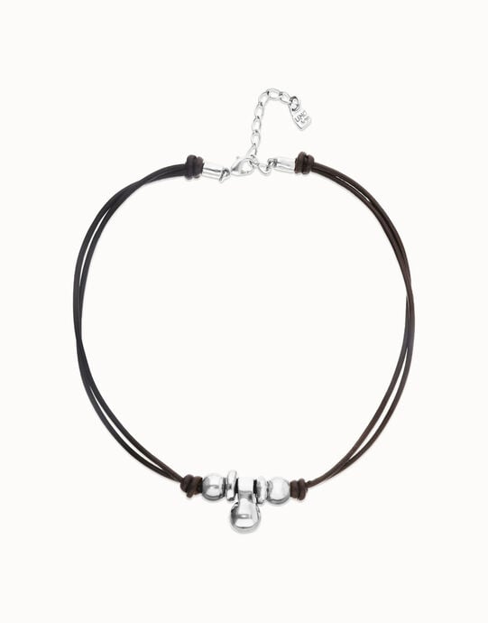 Collar de cuero con tres esferas ba&ntilde;adas en plata de ley