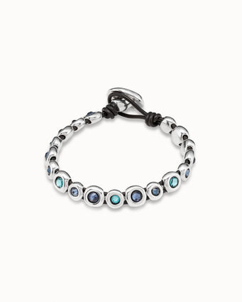 Brown leather sterling silver-plated bracelet with blue crystals