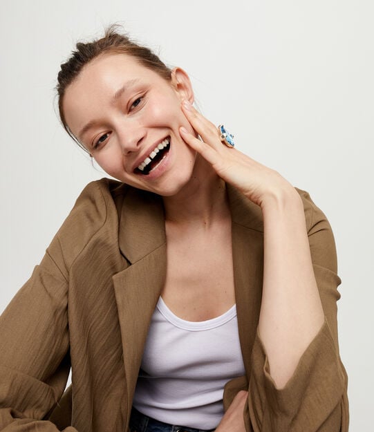 Large ring with blue oval faceted crystal, Silver, large
