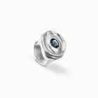 Eye-shaped ring with faceted blue crystal