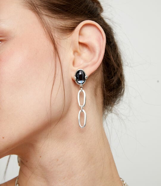 Drop earrings with faceted black crystal and links, Silver, large