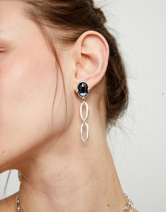 Orecchini pendenti placcati in argento con cristallo nero sfaccettato e maglie, Argent, large