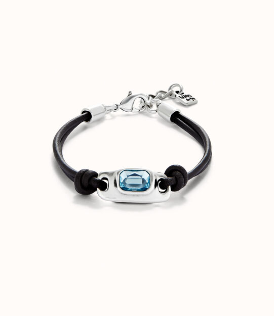 Pulsera de cuero bañada en plata de ley con cristal azul celeste
