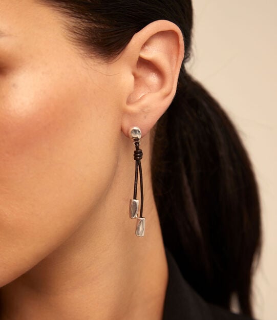 Drop leather earrings, Silver, large