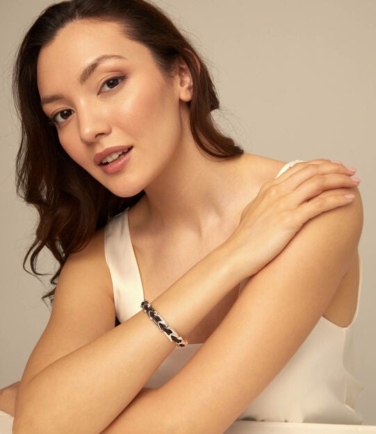 Leather bracelet with rectangular links, Silver, large