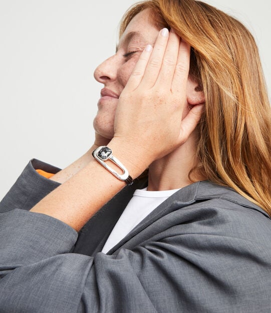 Pulsera de cuero ba&ntilde;ada en plata de ley y cristal facetado negro, Argent, large