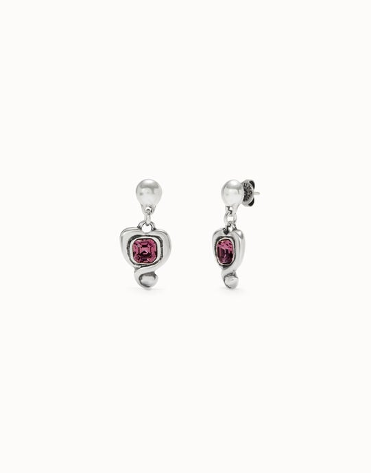Drop earrings with a heart and pink crystal