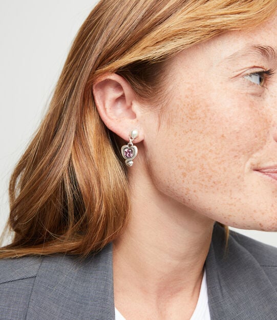Drop earrings with a heart and pink crystal, Silver, large
