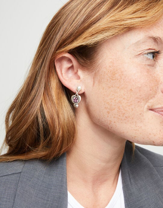 Drop earrings with a heart and pink crystal, Silver, large