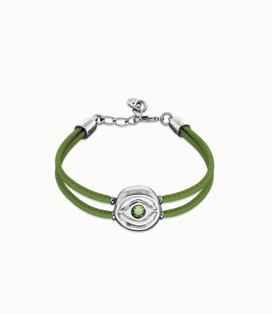 Pulsera doble de cuero verde con ojo bañado en plata de ley
