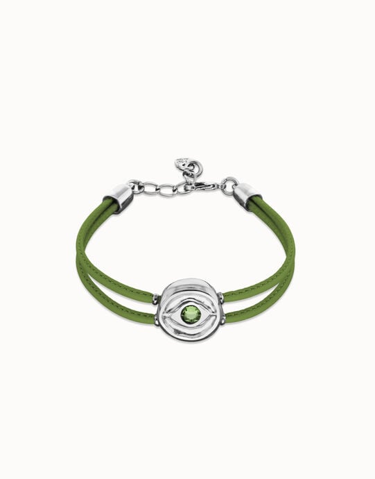 Double green leather birthstone bracelet with eye