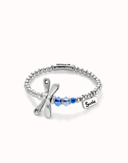 Pulsera elastica con lib&eacute;lula ba&ntilde;ada en plata de ley con cristales azules