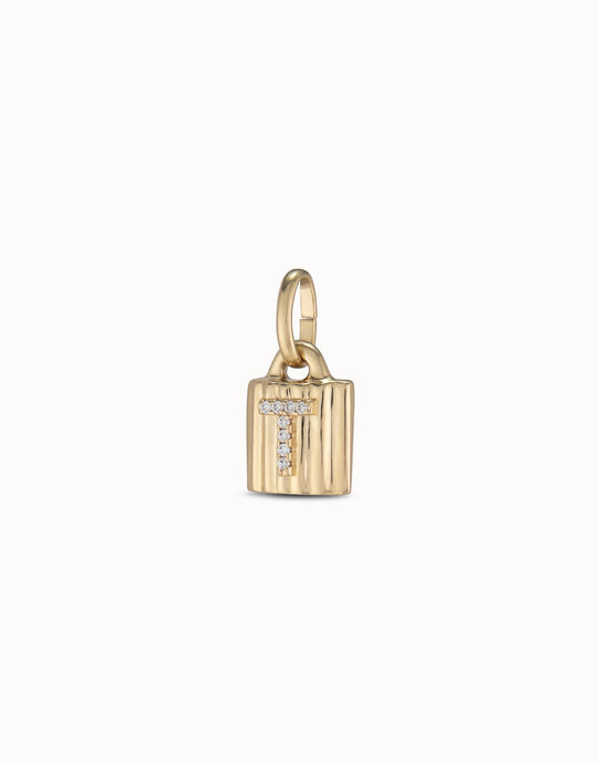 Charm candado ba&ntilde;ado en oro de 18K ley con letra de topacios T, Dorado, large