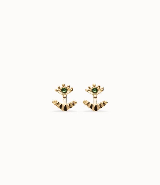 Pendientes bañados en oro 18k en forma de ojo con pestañas y cristal facetado verde