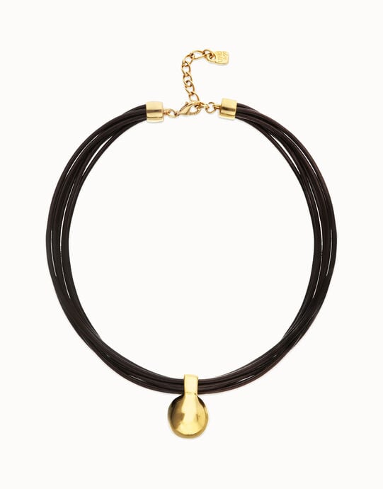 Collar de cuero con esfera grande ba&ntilde;ada en oro 18k