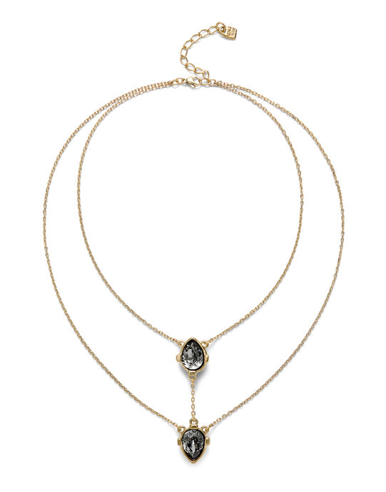 Double necklace with two drop-shaped pendants featuring grey faceted crystals
