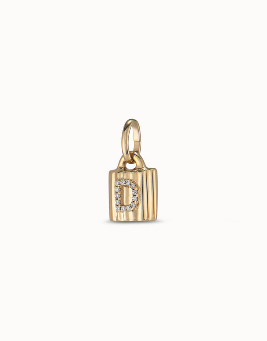 Charm candado ba&ntilde;ado en oro de 18K ley con letra de topacios D, Dorado, large