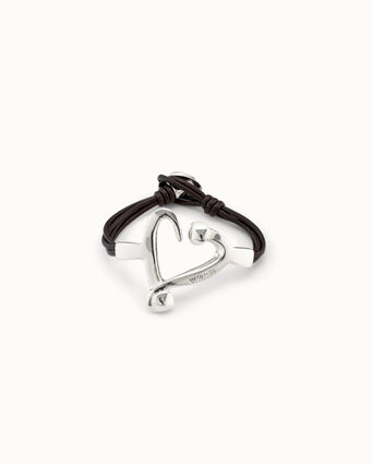 Sterling silver-plated bracelet with leather straps and nailed heart shape