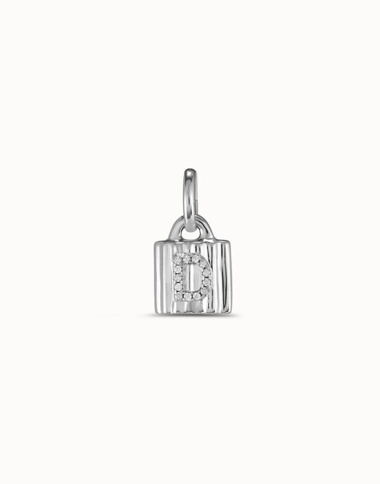 Charm candado ba&ntilde;ado en plata de ley con letra de topacios D