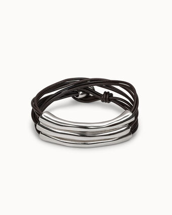 Brown leather three strand bracelet with sterling silver-plated details