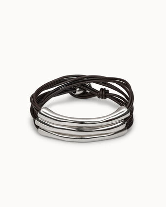 Bracelet trois tours en cuir marron et plaqué argent avec détails