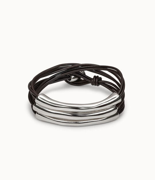 Leather bracelet with three sterling silver-plated strands