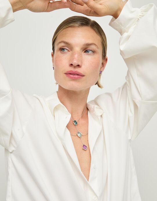 Double necklace with three drop-shaped pendants featuring multicoloured faceted crystals, Silver, large