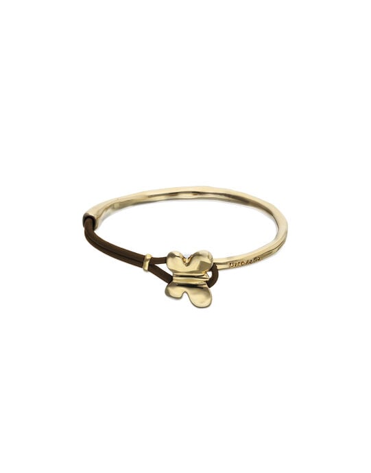 Pulsera combinada en cuero marr&oacute;n y oro 18k con adorno de mariposa