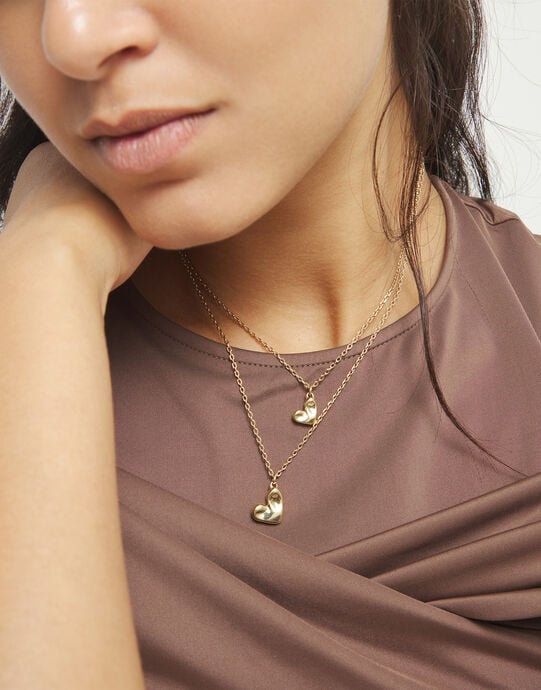 Multi strand chain necklace with two hearts, Golden, large