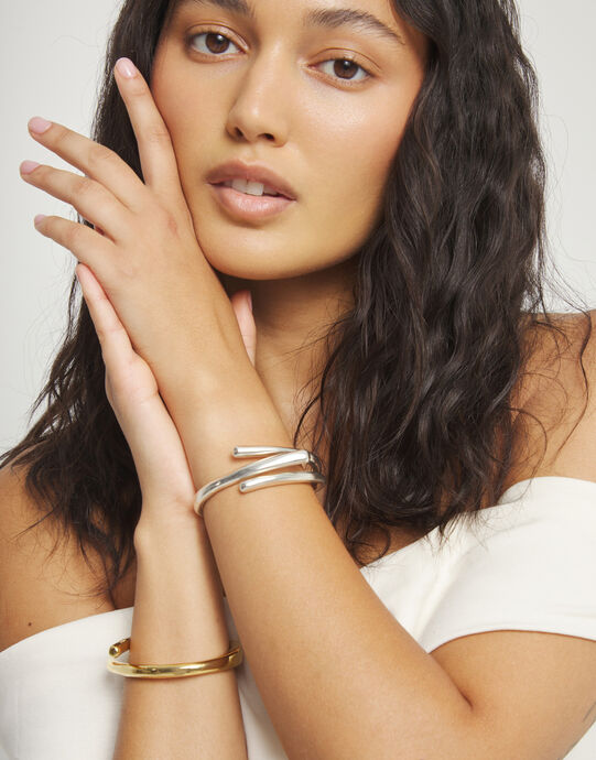 Pulsera r&iacute;gida ba&ntilde;ada en plata de ley con tres formas org&aacute;nicas entrelazadas, Plateado, large