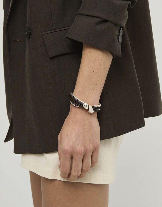 Leather bracelet with two drops, Silver, large