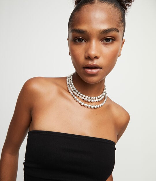 Three strand short beaded necklace, Silver, large