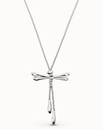 Sterling silver-plated long necklace with accessories and small dragonfly and 4 wings