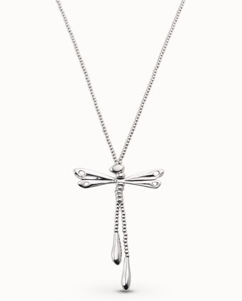 Collier long en argent plaqué argent avec accessoire et petite libellule et 4 ailes