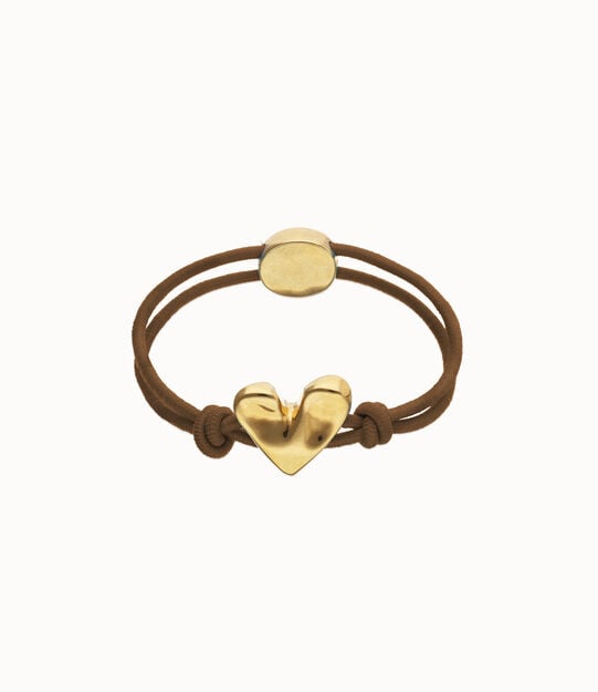 Bracelet en fil elastique marron avec c&oelig;ur plaqu&eacute; or 18k