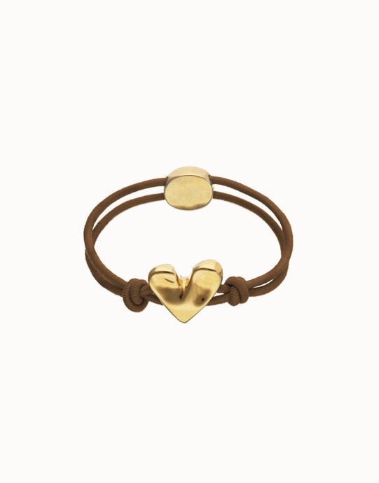 Pulsera de hilo el&aacute;stico marr&oacute;n con coraz&oacute;n ba&ntilde;ado en oro 18k